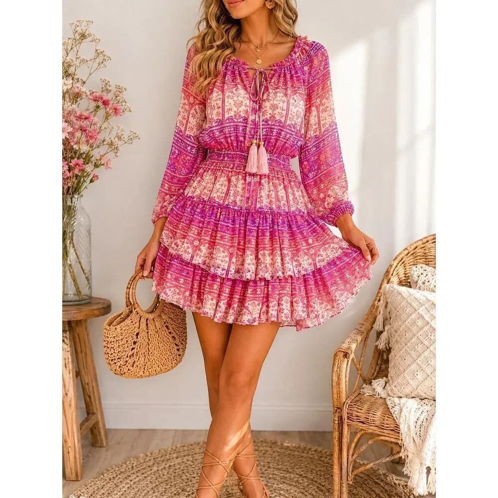 LoveShackFancy Silk Ruffle Mini Dress Small Pink Purple Boho Fairy Cottagecore